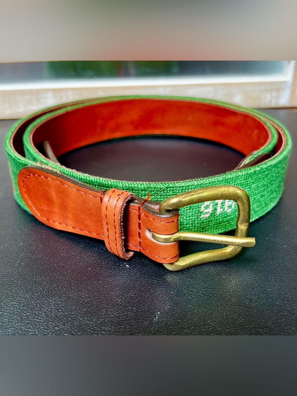 SMATHERS & BRANSON Meadowbrook Country Club Needlepoint Belt w/Brass Buckle